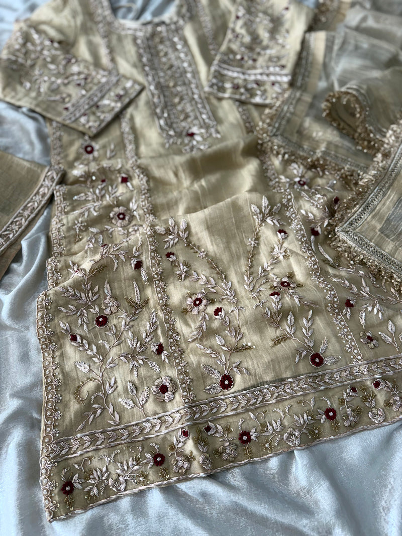 BEAUTIFUL ZARZOZI KURTA PANT SET IN CRUSH GOLD COLOUR |  | Karishma Emporium | Elegance in Making Pure Zardozi Women wear