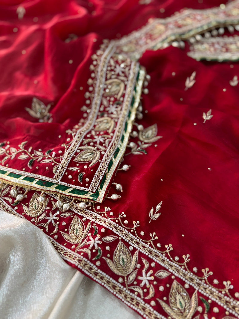 (CHATAPATI GHARARA IN CHERRY COLOUR) |  | Karishma Emporium | Elegance in Making Pure Zardozi Women wear