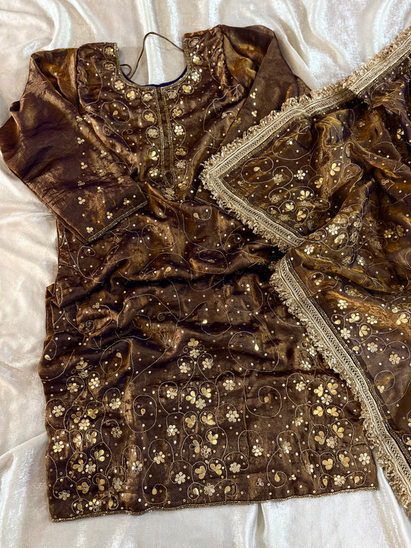PURE HANDWORK DRESS IN GOLD BROWN COLOUR WITH SKIRT |  | Karishma Emporium | Elegance in Making Pure Zardozi Women wear