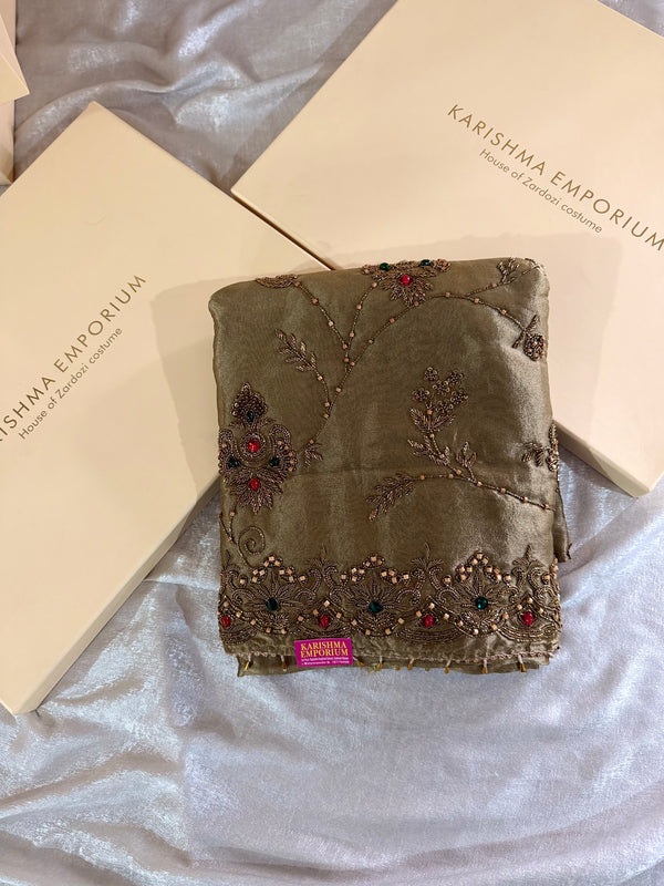 BEAUTIFUL GOLD COLOUR ANTIQUE SUIT |  | Karishma Emporium | Elegance in Making Pure Zardozi Women wear