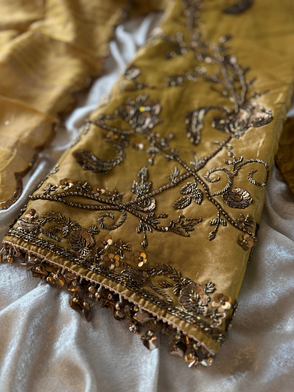 BEAUTIFUL GOLDEN PARTYWEAR SUIT |  | Karishma Emporium | Elegance in Making Pure Zardozi Women wear