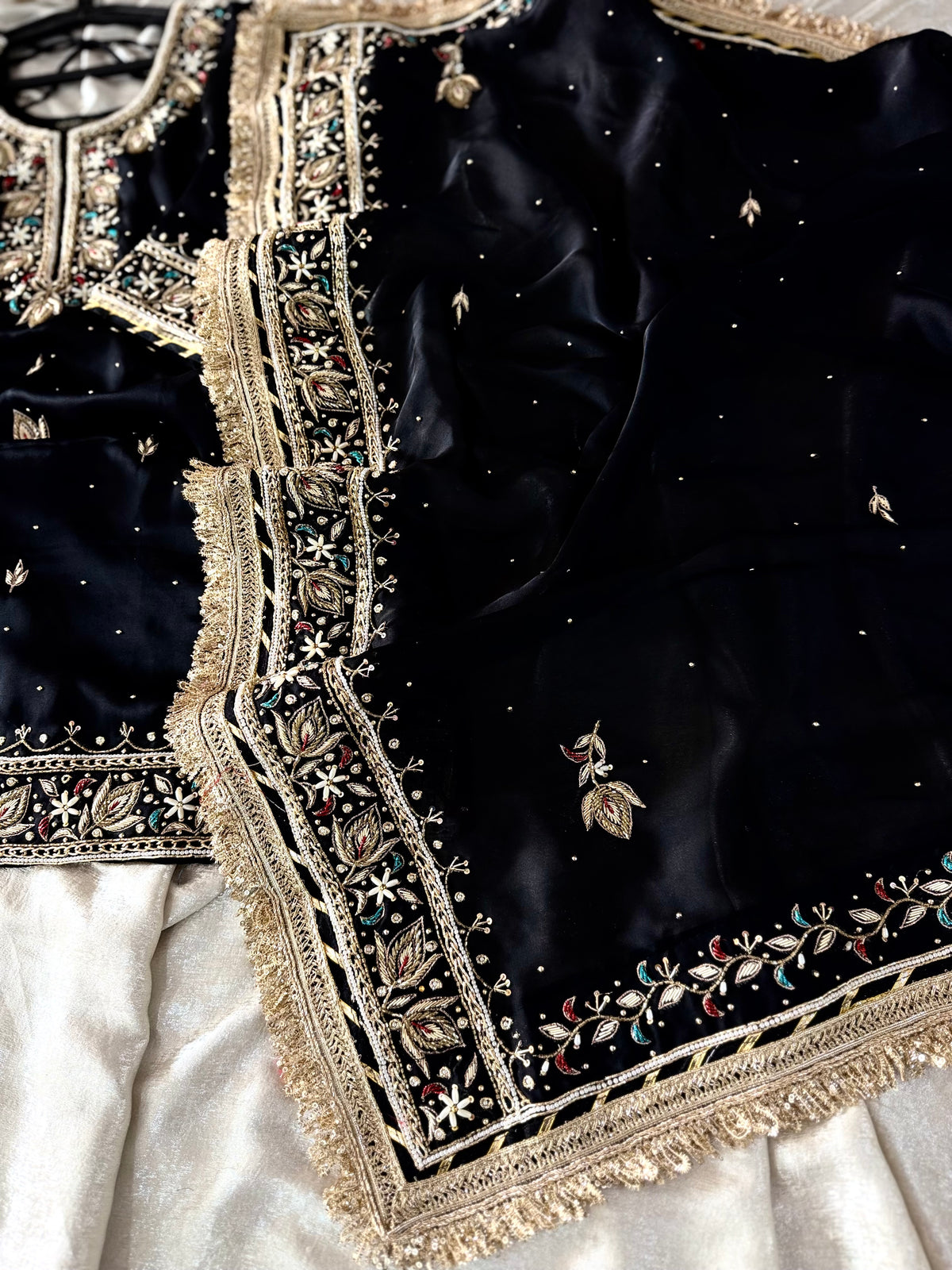 (KHUBSURAT)BLACK DABKA CHATAPATI GHARARA ON ITALIAN SHIMAR FABRIC