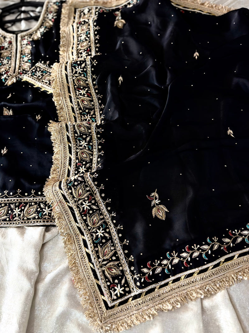 (KHUBSURAT)BLACK DABKA CHATAPATI GHARARA ON ITALIAN SHIMAR FABRIC |  | Karishma Emporium | Elegance in Making Pure Zardozi Women wear