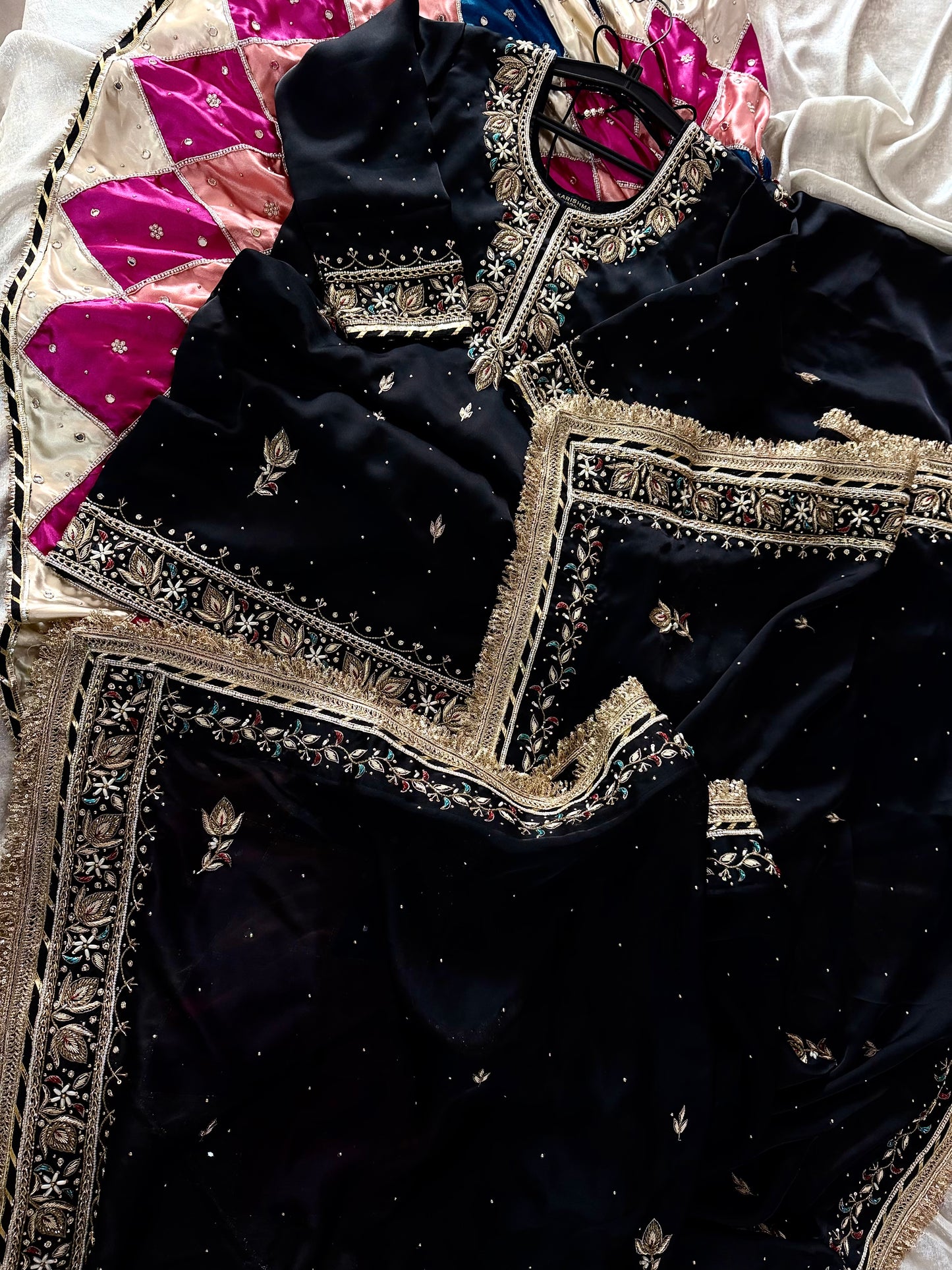 (KHUBSURAT)BLACK DABKA CHATAPATI GHARARA ON ITALIAN SHIMAR FABRIC