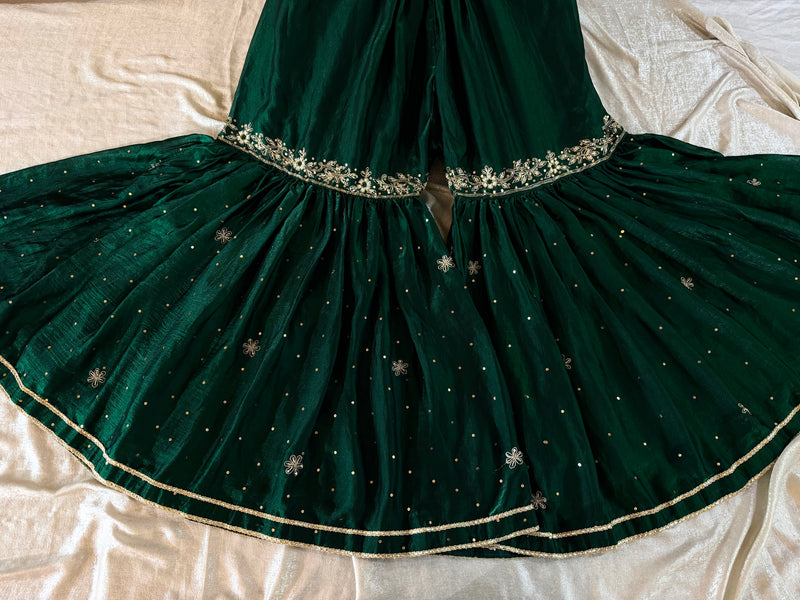 BOTTLE GREEN GHARARA |  | Karishma Emporium | Elegance in Making Pure Zardozi Women wear