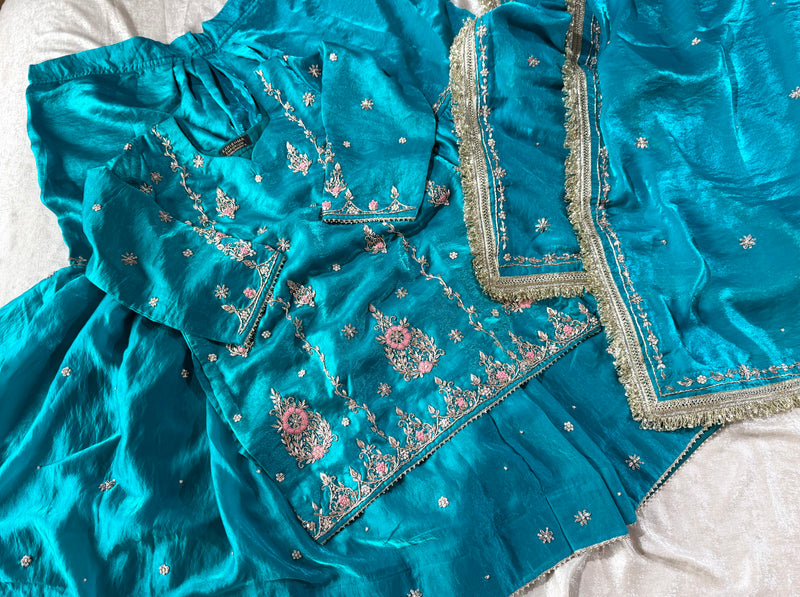 KHUBSURAT FEROZI GHARARA IN PURE DABKA WORK |  | Karishma Emporium | Elegance in Making Pure Zardozi Women wear