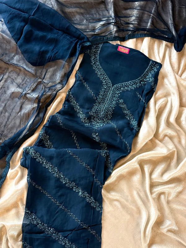 BEAUTIFUL MOTI ND CUTDANA WORK SUIT IN BLUE |  | Karishma Emporium | Elegance in Making Pure Zardozi Women wear