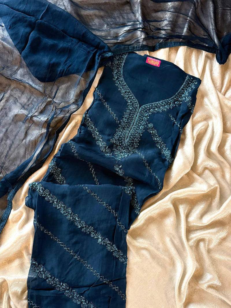 BEAUTIFUL MOTI ND CUTDANA WORK SUIT IN BLUE |  | Karishma Emporium | Elegance in Making Pure Zardozi Women wear