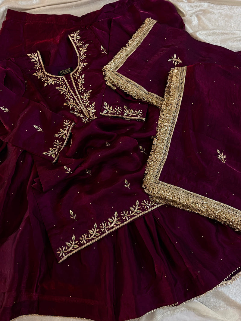 Beautiful dabka gharara in wine colour |  | Karishma Emporium | Elegance in Making Pure Zardozi Women wear