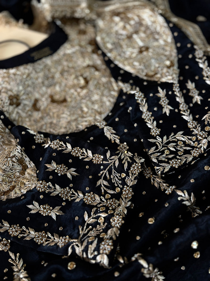 BLACK ZARDOZI GHARARA IN ITALIAN SHIMAR FABRIC |  | Karishma Emporium | Elegance in Making Pure Zardozi Women wear