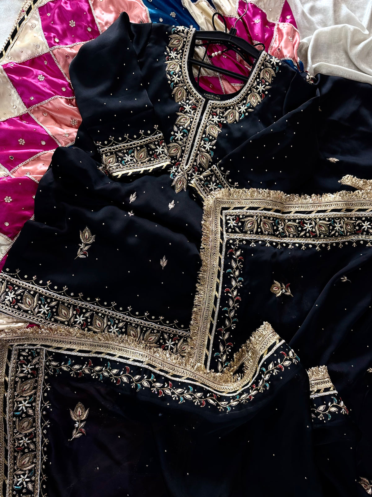 (KHUBSURAT)BLACK DABKA CHATAPATI GHARARA ON ITALIAN SHIMAR FABRIC
