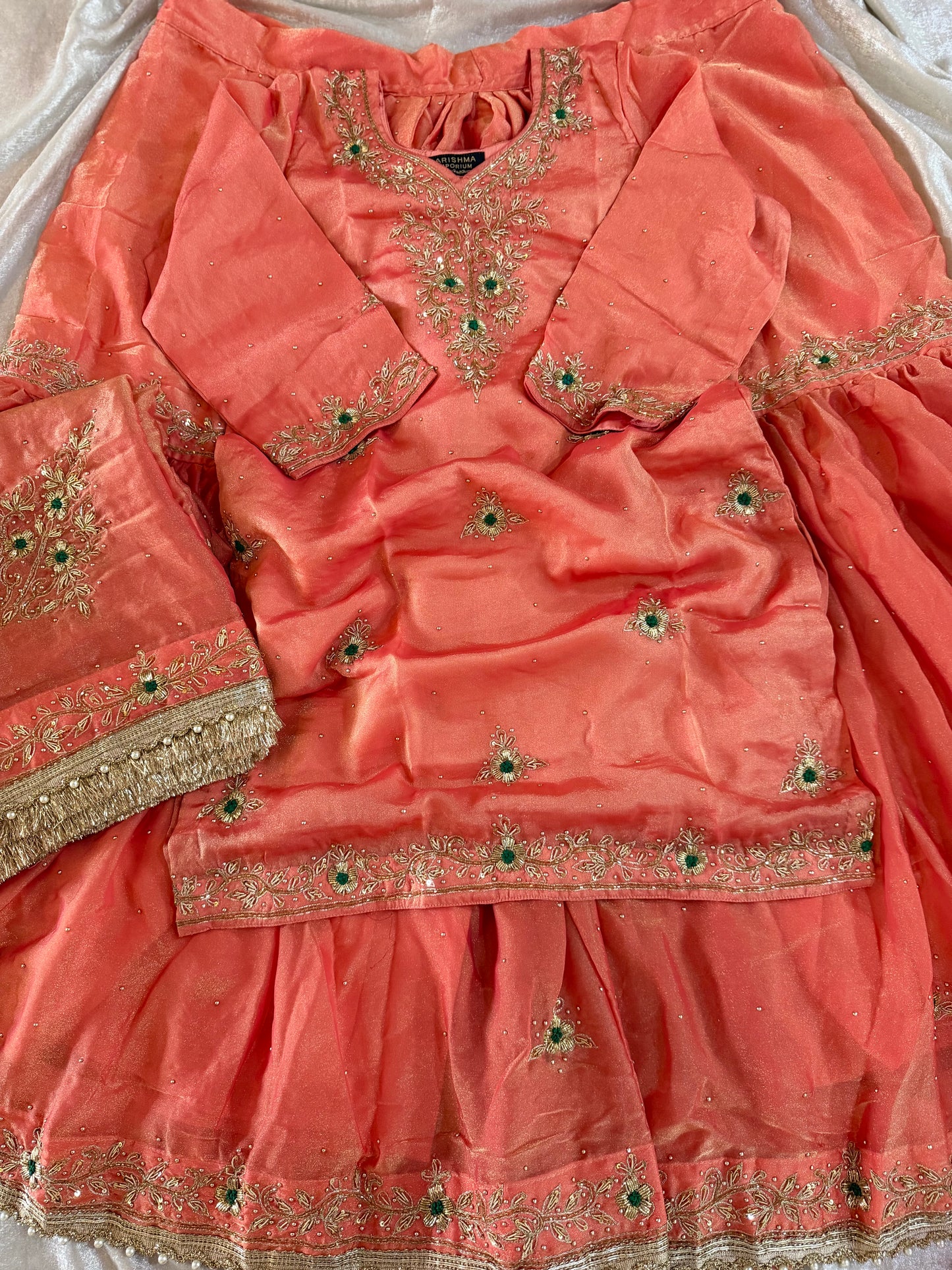 BEAUTIFUL HANDWORK GHARARA IN LIGHT ORANGE