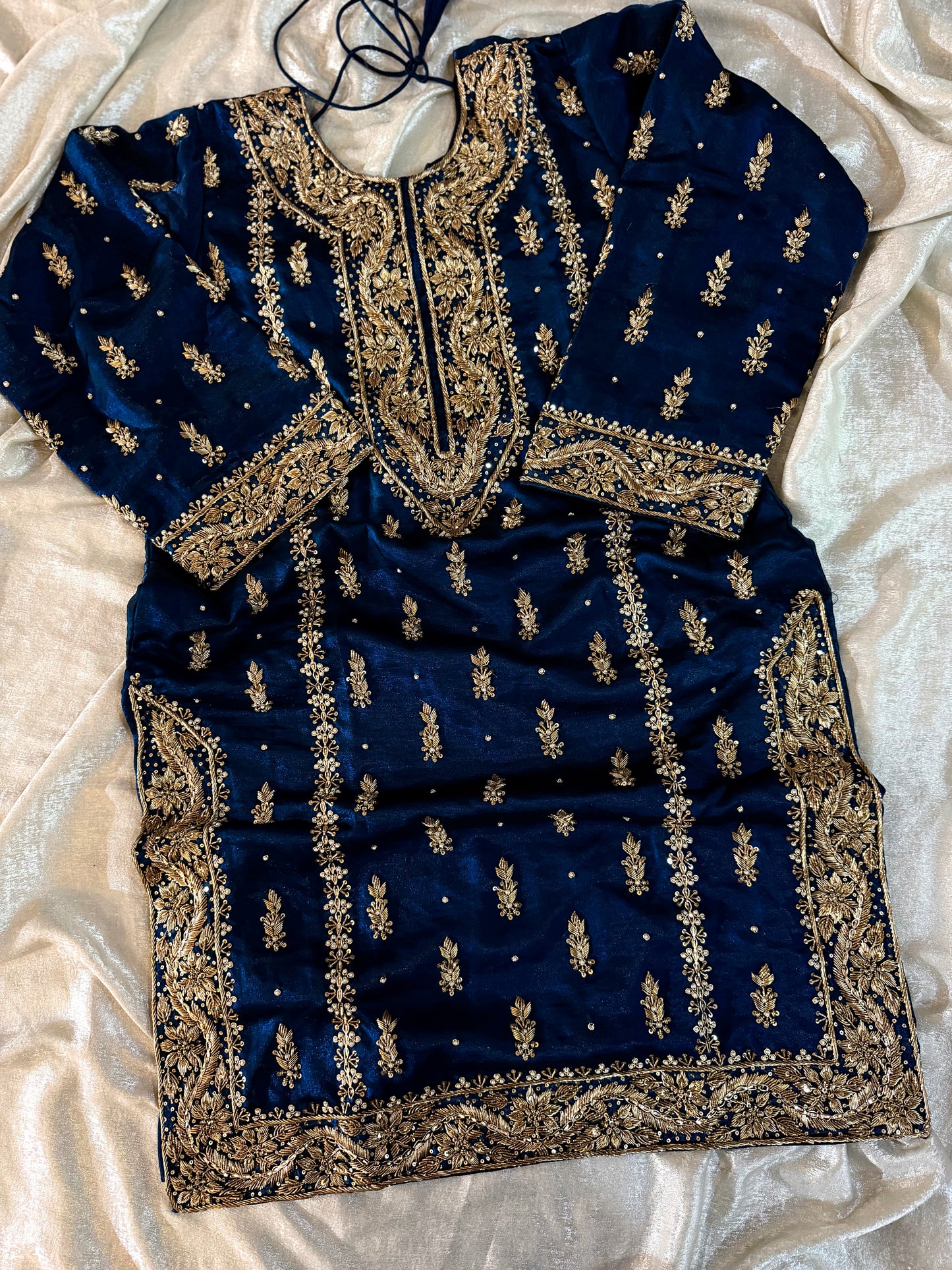 GOLD ZARDOZI GHARARA IN BLUE COLOUR ON ITALIAN SHIMAR FABRIC