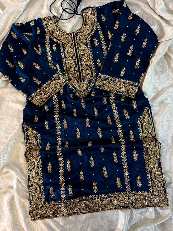 GOLD ZARDOZI GHARARA IN BLUE COLOUR ON ITALIAN SHIMAR FABRIC