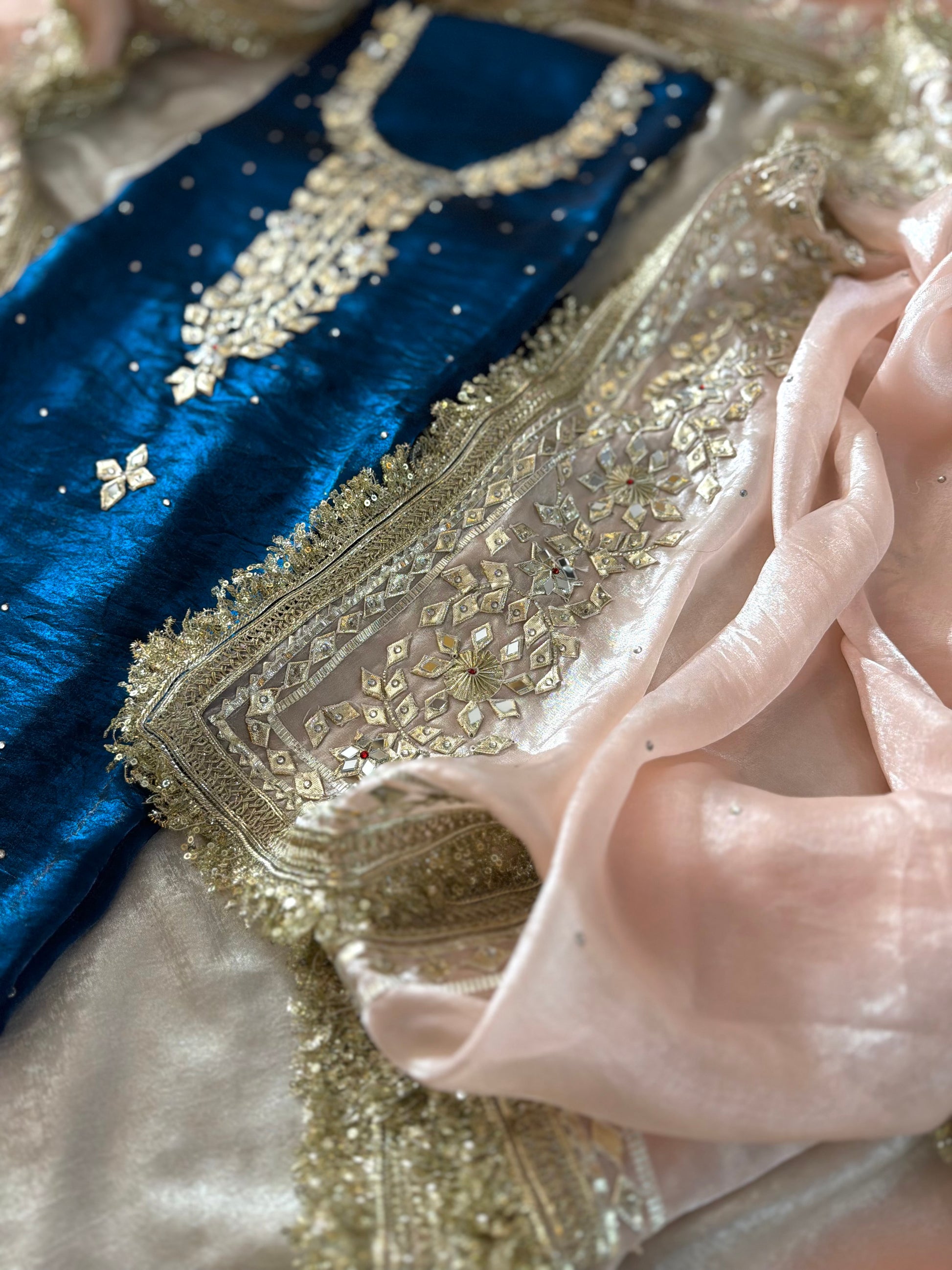 Gota Patti suit in contrast dupatta |  | Karishma Emporium | Elegance in Making Pure Zardozi Women wear