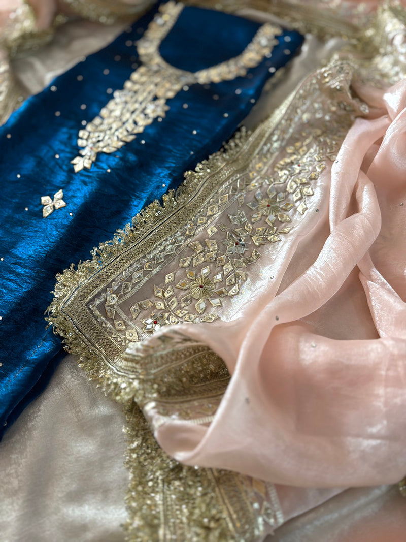 Gota Patti suit in contrast dupatta |  | Karishma Emporium | Elegance in Making Pure Zardozi Women wear