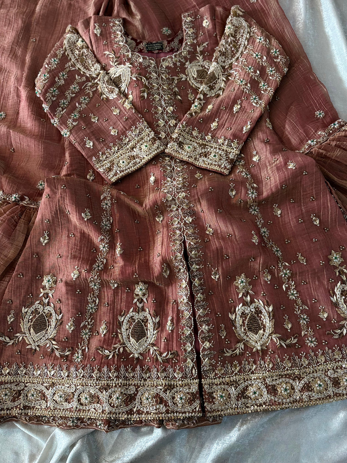 BEAUTIFUL ZARDOZI ANGRAKHA IN CRUSH TISSUE FABRIC WITH ITALIAN SHIMAR DUPATTA