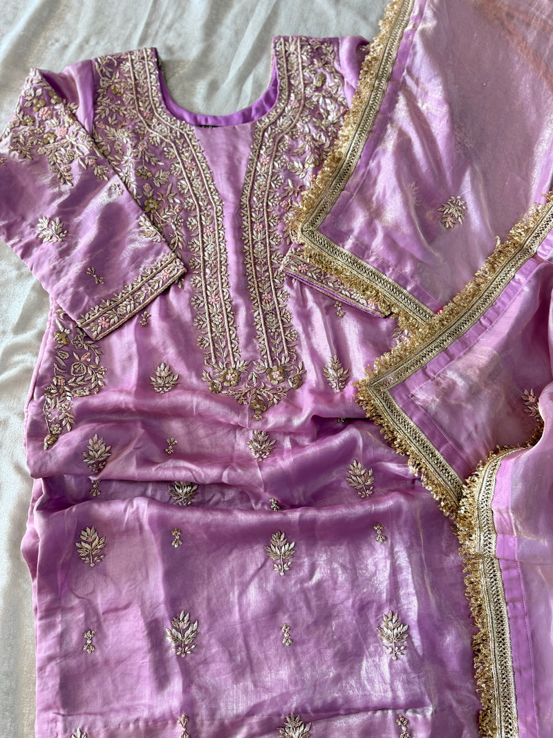 ZARDOZI KURTA PANT IN LAVENDER WITH BACK WORK |  | Karishma Emporium | Elegance in Making Pure Zardozi Women wear