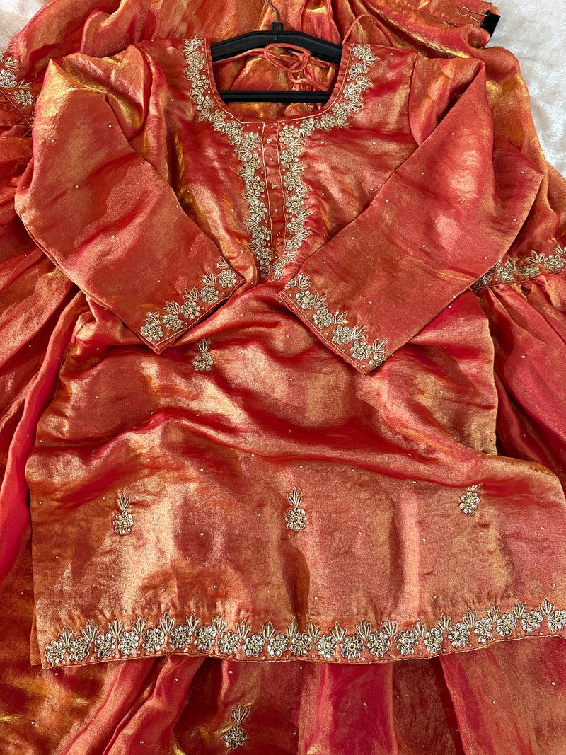 RUST GHARARA IN DABKA WORK |  | Karishma Emporium | Elegance in Making Pure Zardozi Women wear