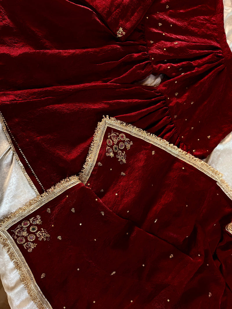 BEAUTIFUL ANTIQUE ZARDOZI GHARARA IN CRUSH SHIMAR FABRIC |  | Karishma Emporium | Elegance in Making Pure Zardozi Women wear