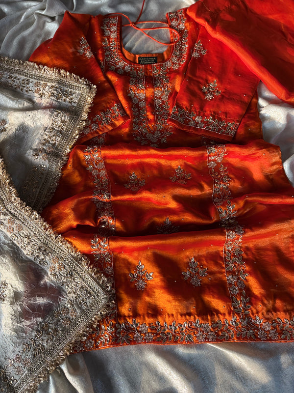 ORANGA DABKA WORK GHARARA |  | Karishma Emporium | Elegance in Making Pure Zardozi Women wear