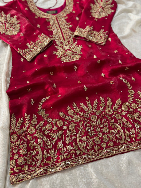 (BRIDAL RANI NIKAH GHARARA) PREMIUM ZARDOZI WORK ITALIAN SHIMAR FABRIC |  | Karishma Emporium | Elegance in Making Pure Zardozi Women wear