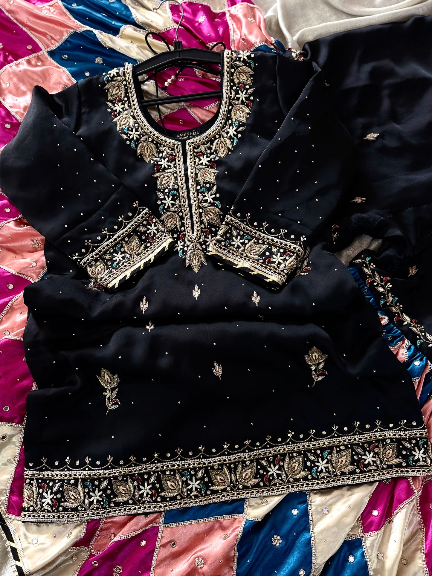 (KHUBSURAT)BLACK DABKA CHATAPATI GHARARA ON ITALIAN SHIMAR FABRIC