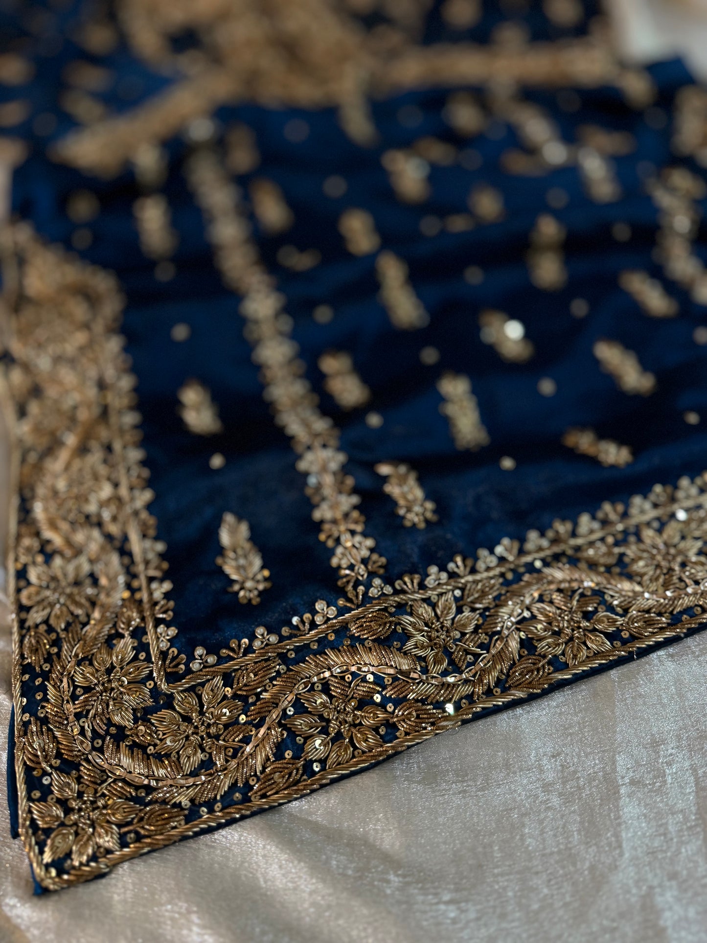 GOLD ZARDOZI GHARARA IN BLUE COLOUR ON ITALIAN SHIMAR FABRIC