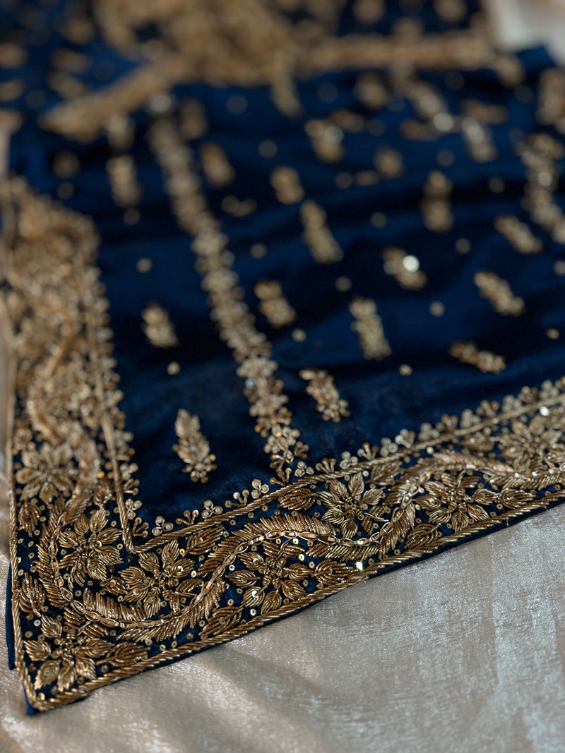 GOLD ZARDOZI GHARARA IN BLUE COLOUR ON ITALIAN SHIMAR FABRIC |  | Karishma Emporium | Elegance in Making Pure Zardozi Women wear