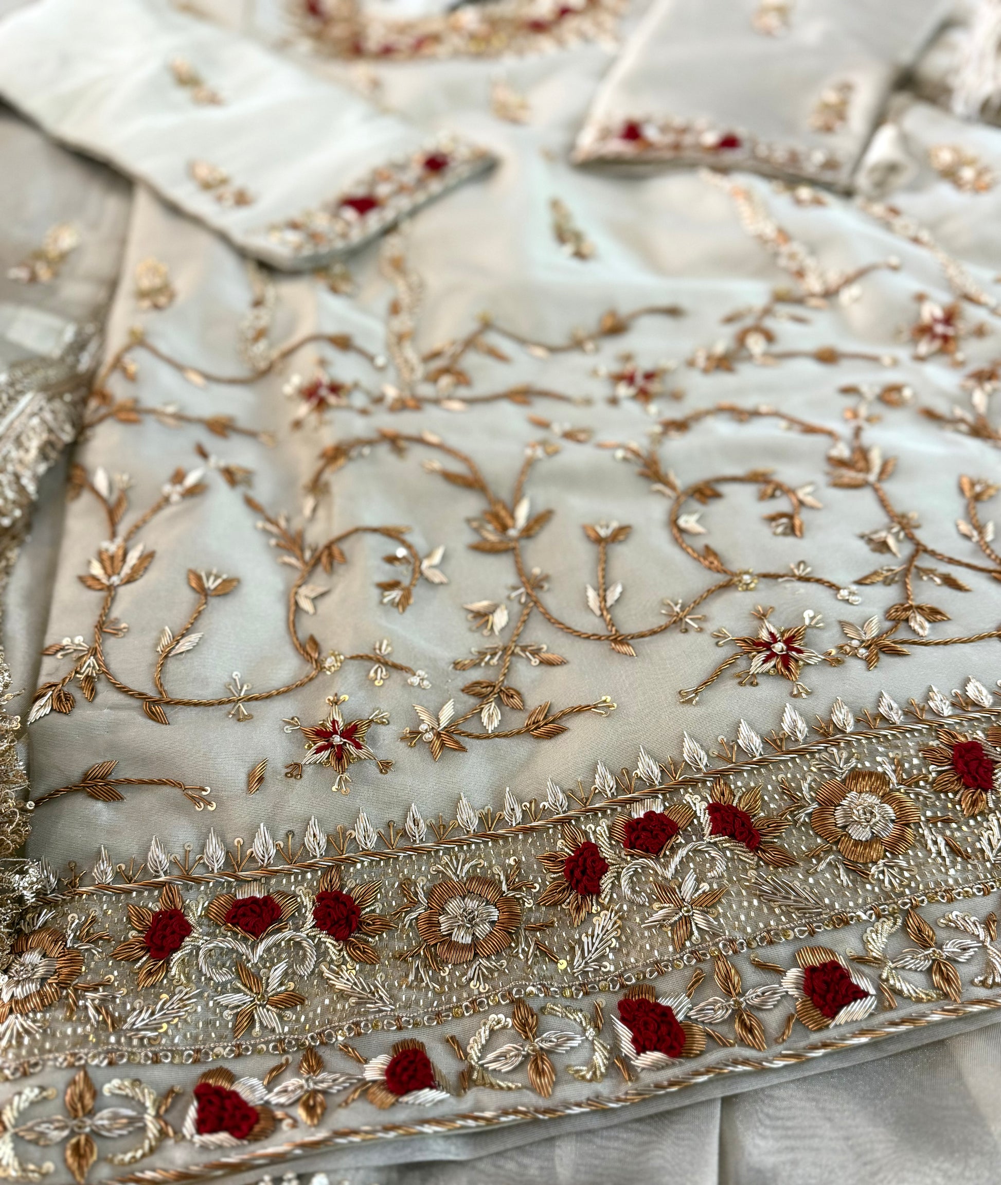 ANTIQUE ZARDOZI GHARARA IN GOLD |  | Karishma Emporium | Elegance in Making Pure Zardozi Women wear