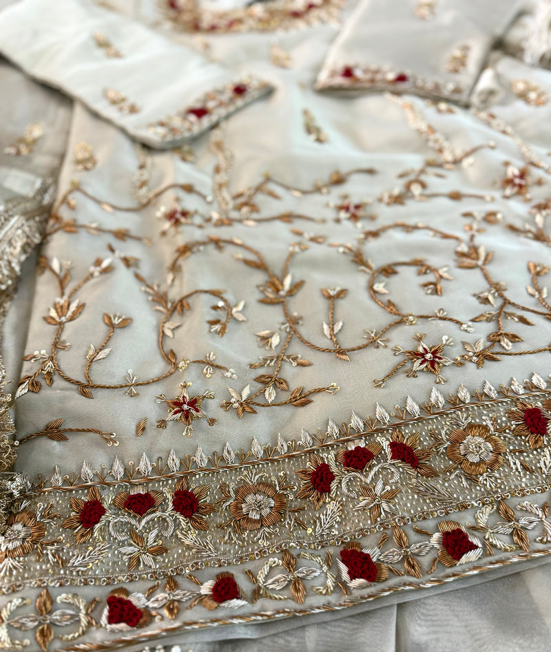 ANTIQUE ZARDOZI GHARARA IN GOLD |  | Karishma Emporium | Elegance in Making Pure Zardozi Women wear