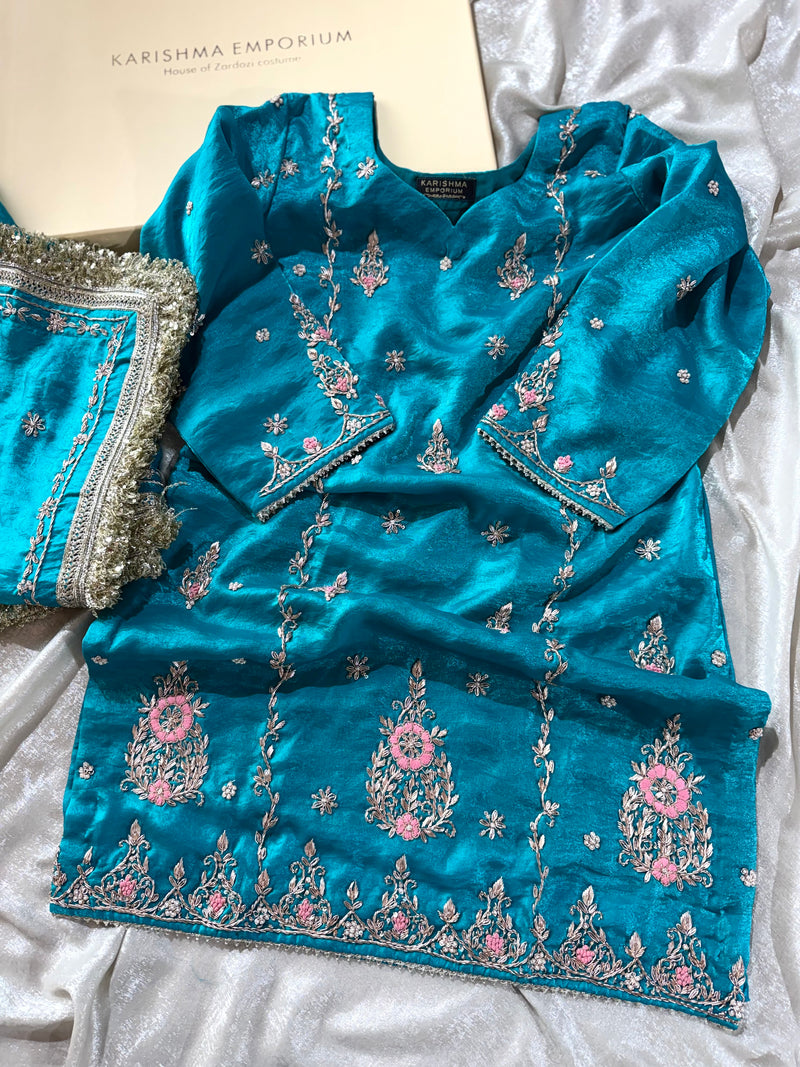 KHUBSURAT FEROZI GHARARA IN PURE DABKA WORK |  | Karishma Emporium | Elegance in Making Pure Zardozi Women wear
