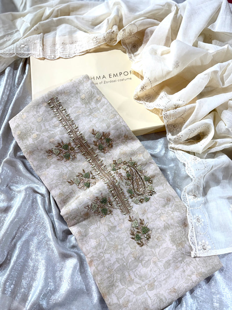 PARTYWEAR SUIT IN GERMAN LINEN FABRIC |  | Karishma Emporium | Elegance in Making Pure Zardozi Women wear