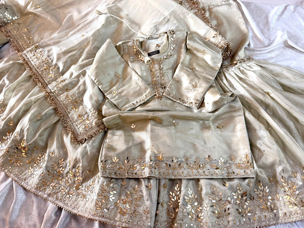 BEAUTIFUL HANDWORK GHARARA IN IVORY PISTA COLOUR |  | Karishma Emporium | Elegance in Making Pure Zardozi Women wear