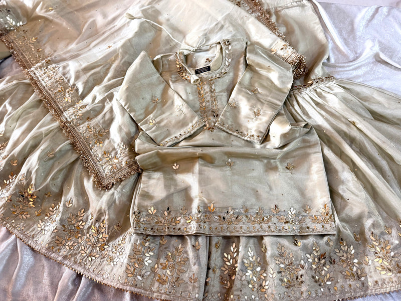 BEAUTIFUL HANDWORK GHARARA IN IVORY PISTA COLOUR |  | Karishma Emporium | Elegance in Making Pure Zardozi Women wear