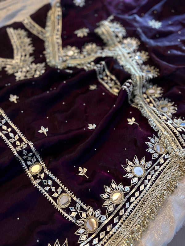 BEAUTIFUL GOTA PATTI SUIT IN DARK WINE |  | Karishma Emporium | Elegance in Making Pure Zardozi Women wear