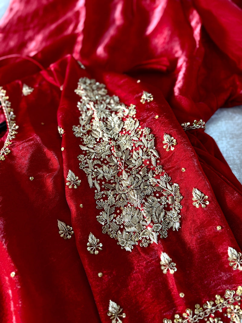 ANTIQUE ZARDOZI GHARARA IN CHERRY COLOUR (BEST DEAL TODAY) |  | Karishma Emporium | Elegance in Making Pure Zardozi Women wear