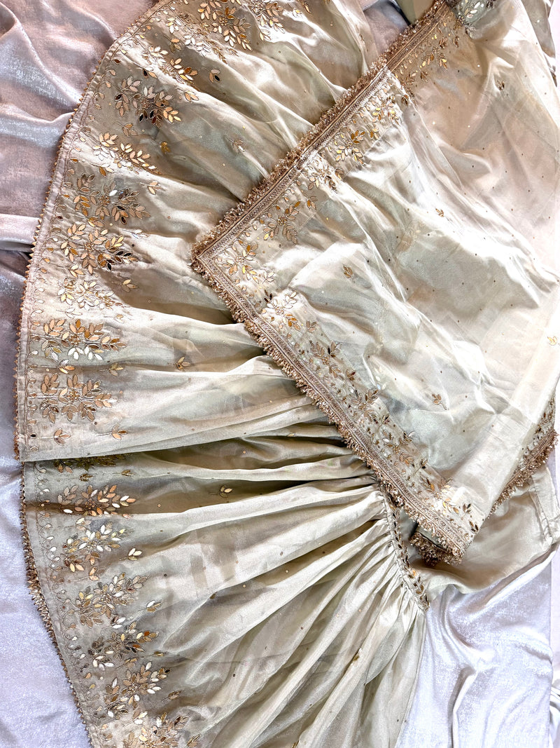 BEAUTIFUL HANDWORK GHARARA IN IVORY PISTA COLOUR |  | Karishma Emporium | Elegance in Making Pure Zardozi Women wear
