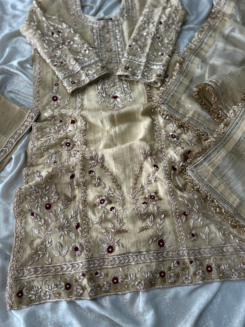 BEAUTIFUL ZARZOZI KURTA PANT SET IN CRUSH GOLD COLOUR |  | Karishma Emporium | Elegance in Making Pure Zardozi Women wear