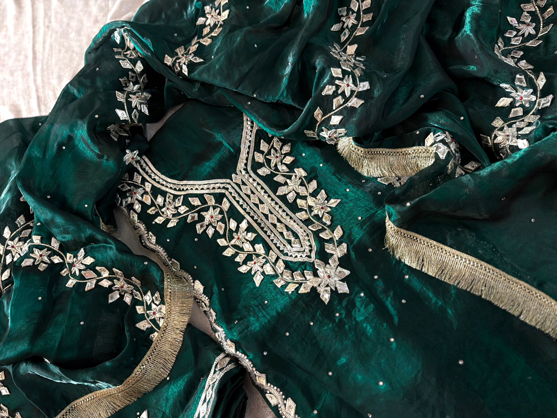 GREEN GOTA PATTI SUIT |  | Karishma Emporium | Elegance in Making Pure Zardozi Women wear