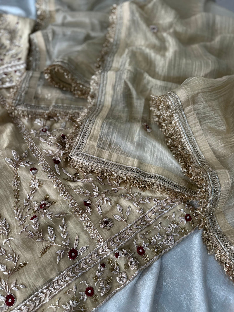 BEAUTIFUL ZARZOZI KURTA PANT SET IN CRUSH GOLD COLOUR |  | Karishma Emporium | Elegance in Making Pure Zardozi Women wear