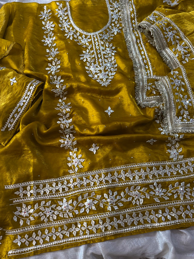 GOLD MUSTARD GOTA PATTI SUIT |  | Karishma Emporium | Elegance in Making Pure Zardozi Women wear
