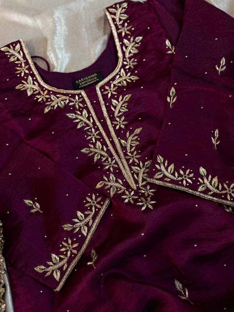 Beautiful dabka gharara in wine colour |  | Karishma Emporium | Elegance in Making Pure Zardozi Women wear
