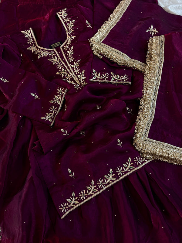 Beautiful dabka gharara in wine colour |  | Karishma Emporium | Elegance in Making Pure Zardozi Women wear