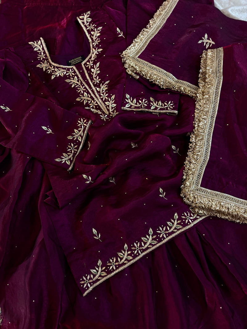 Beautiful dabka gharara in wine colour |  | Karishma Emporium | Elegance in Making Pure Zardozi Women wear