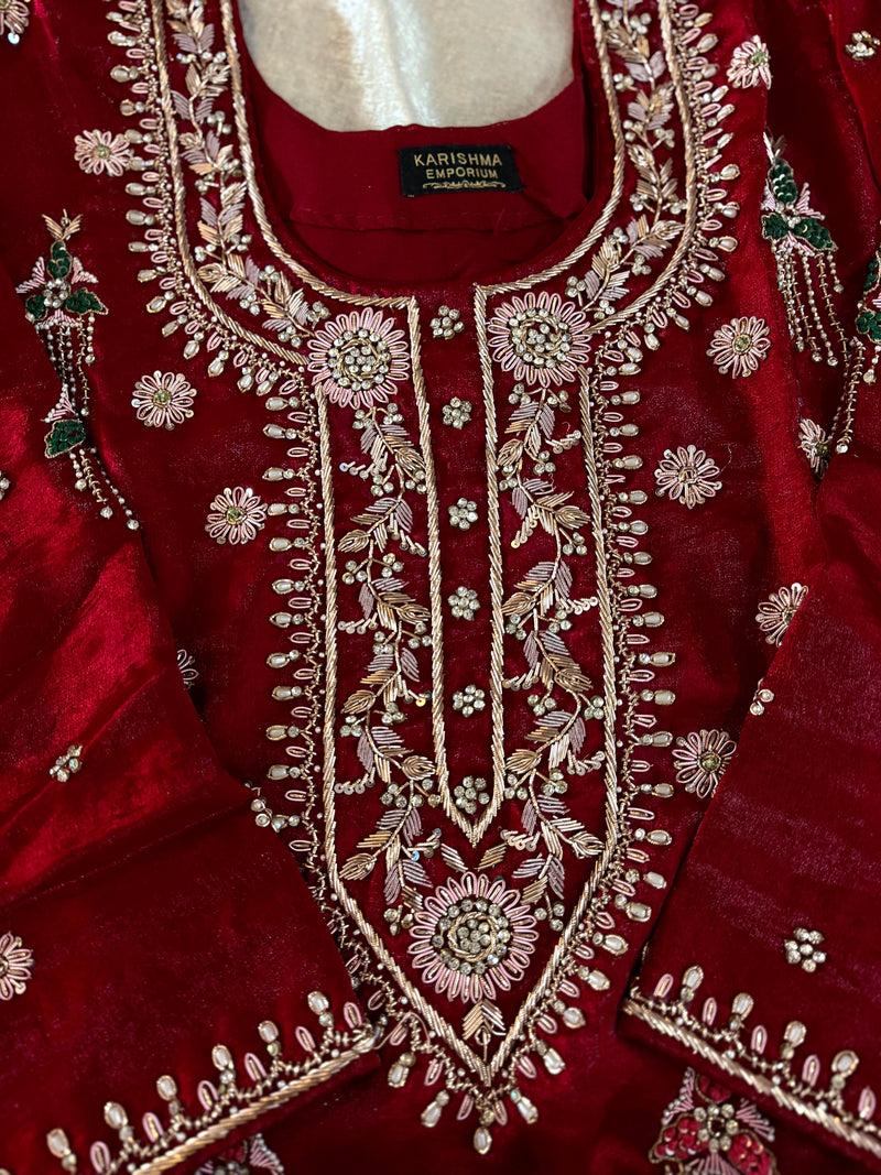 ZARDOZI PLAZO SET IN MAROON |  | Karishma Emporium | Elegance in Making Pure Zardozi Women wear