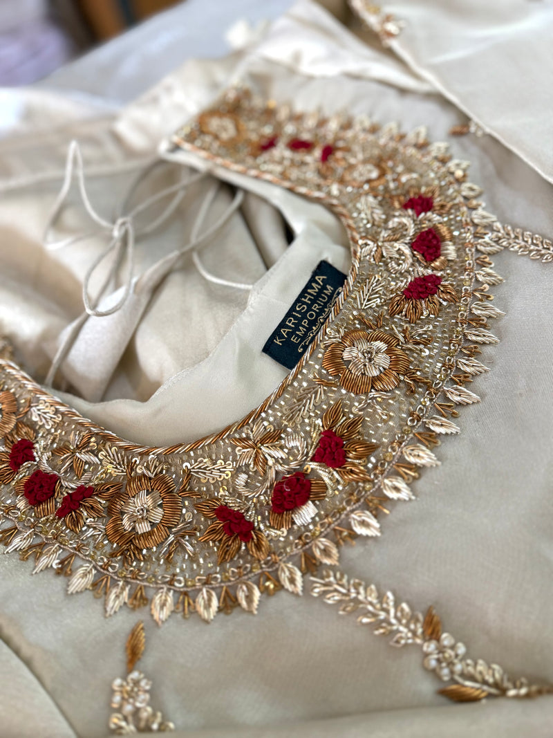 ANTIQUE ZARDOZI GHARARA IN GOLD |  | Karishma Emporium | Elegance in Making Pure Zardozi Women wear