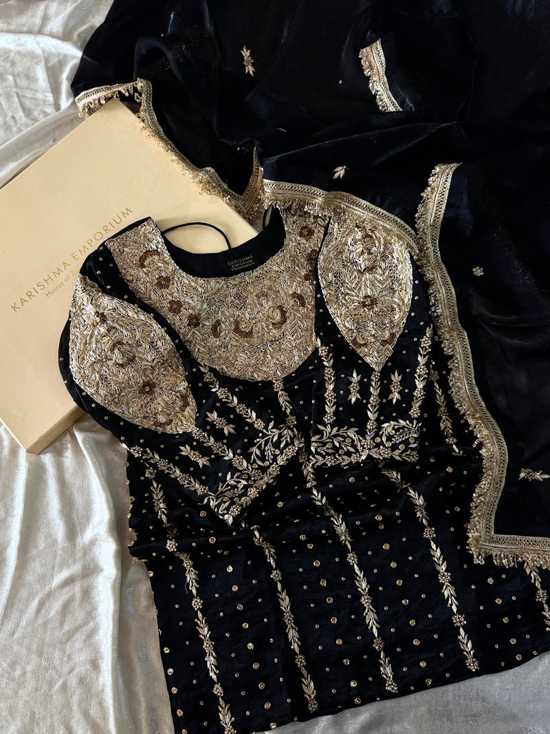 PURE ZARDOZI GHARARA ON ITALIAN SHIMAR FABRIC |  | Karishma Emporium | Elegance in Making Pure Zardozi Women wear