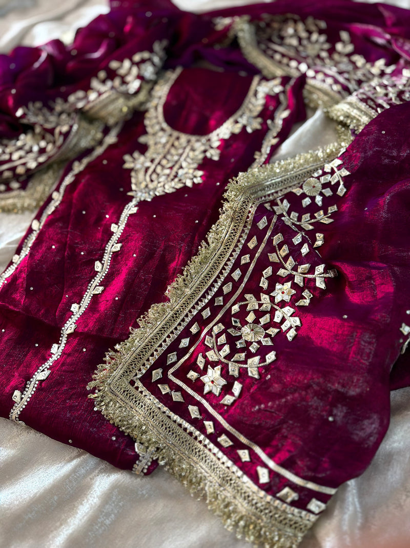 Wine colour gota suit |  | Karishma Emporium | Elegance in Making Pure Zardozi Women wear