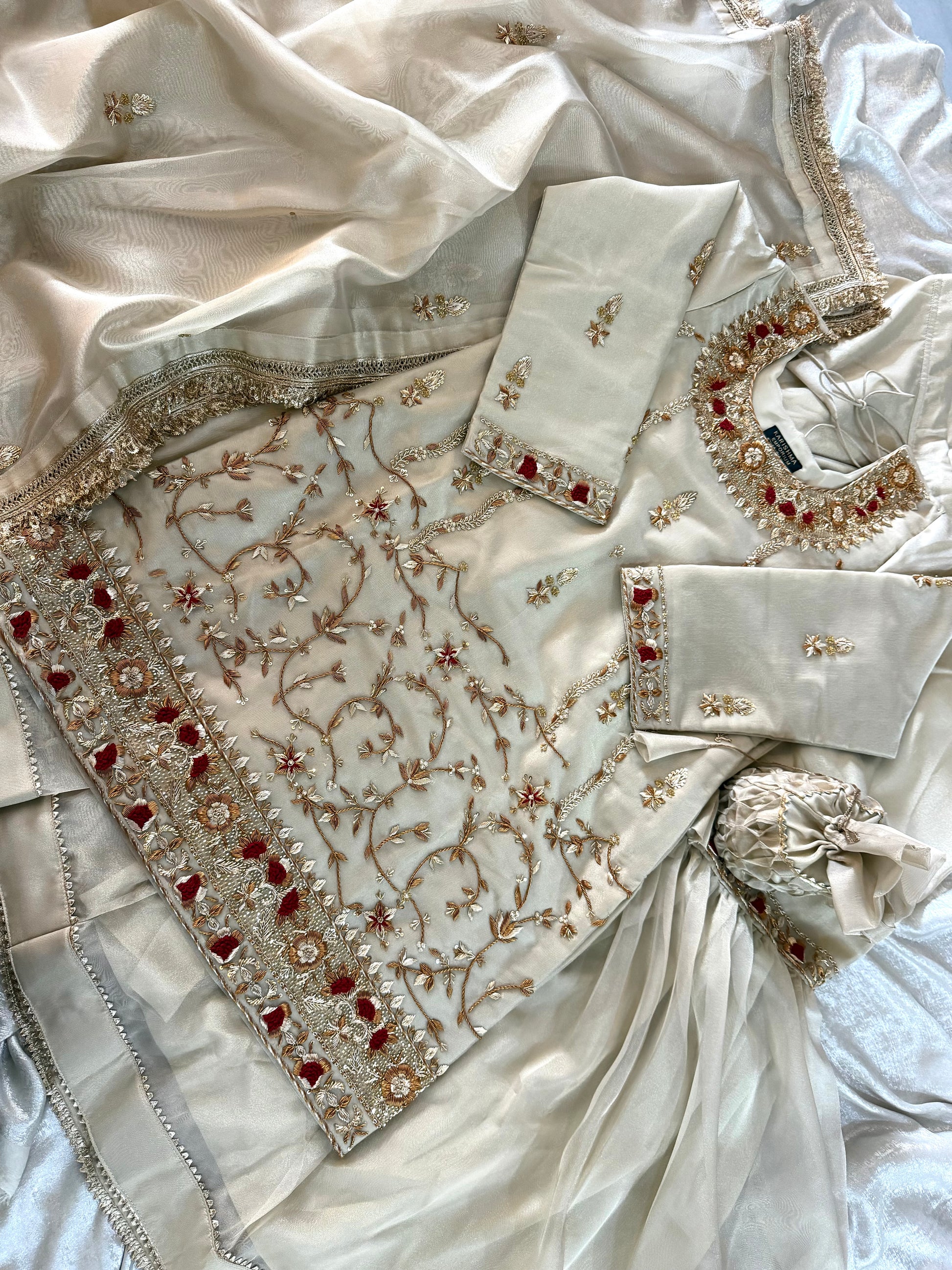 ANTIQUE ZARDOZI GHARARA IN GOLD |  | Karishma Emporium | Elegance in Making Pure Zardozi Women wear